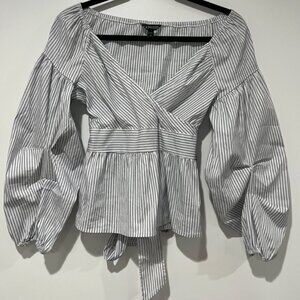 Express Striped Peplum Wrap Blouse | XS | Balloon Sleeve | Side Zip